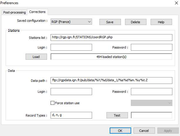Préférences d’Imajing Browser, onglet Corrections : liste des stations et chemin des données RINEX