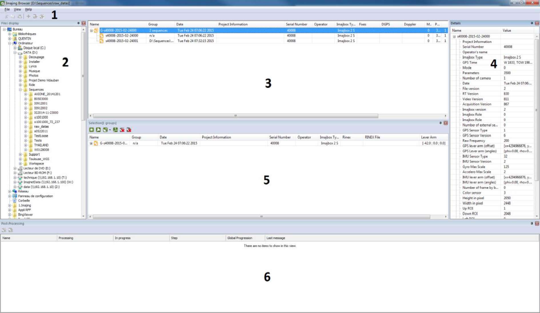 Interface d’Imajing Browser avec ses six zones numérotées : menus, explorateur de fichiers, liste des séquences, détails, sélection et post-traitements
