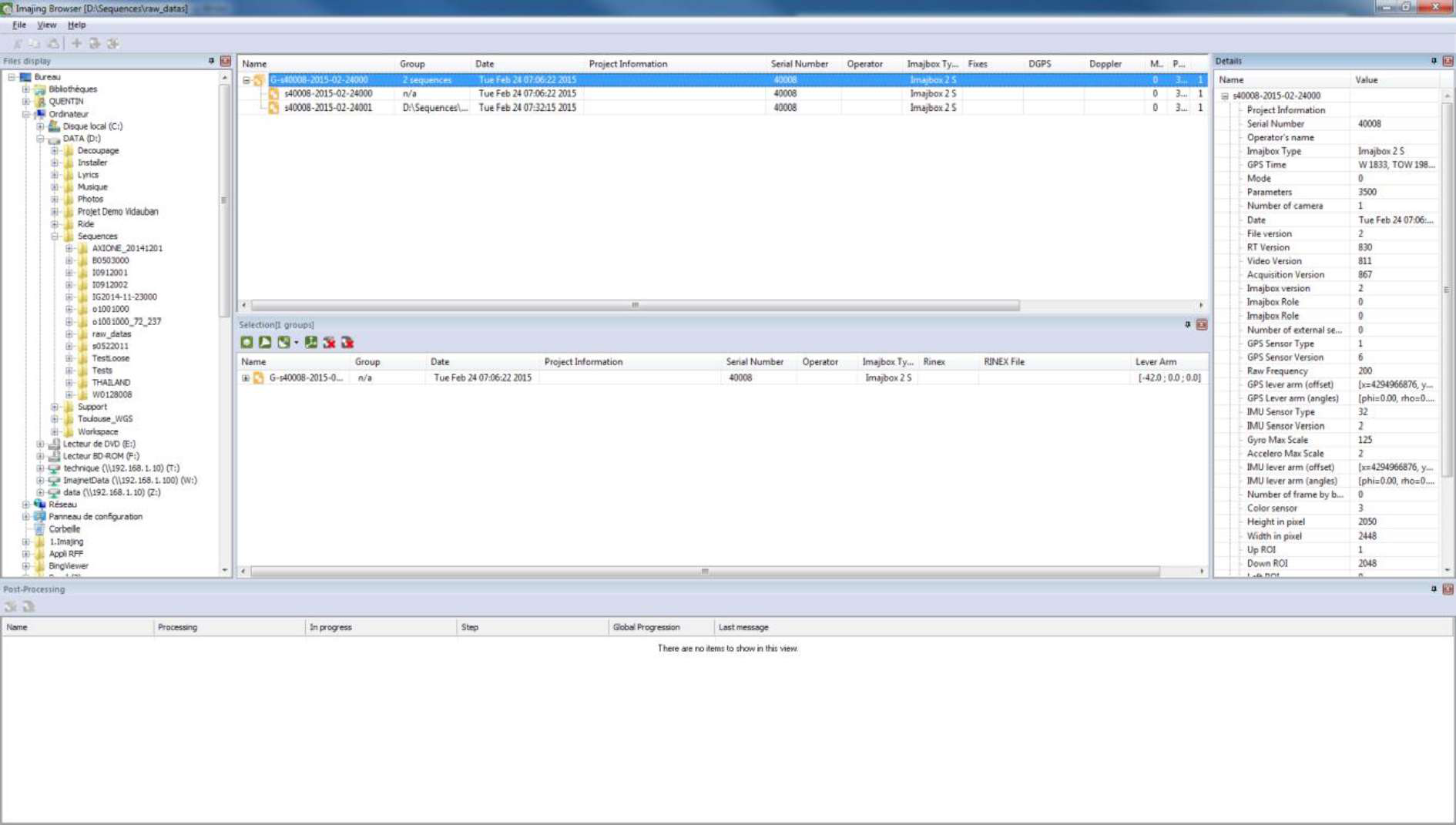 Gestion des séquences dans Imajing Browser : dossiers, liste des séquences, sélection et détails de la séquence